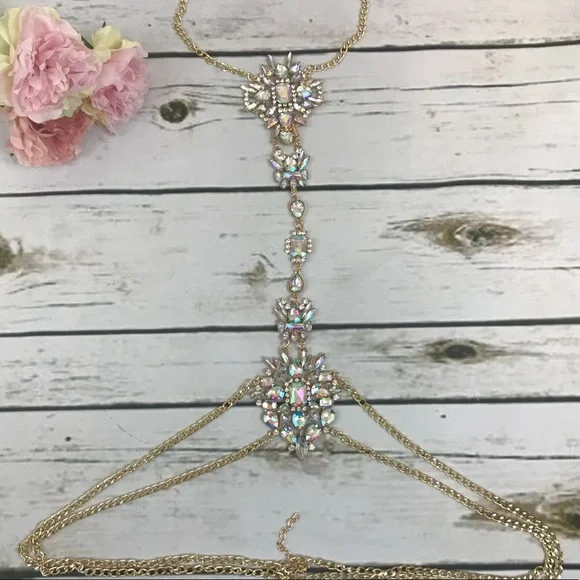 Boho Long Crystal Rhinestone Body Necklace Harness - Picture 8 of 16